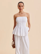 Cotton Pleated Strapless Peplum Top